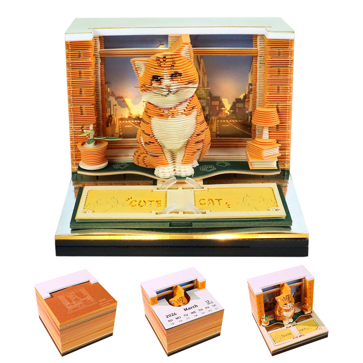 Cute Orange Cat 3D Memo Pad Sticky Notes Calendar Tear Off Paper Desk Stationery with Light