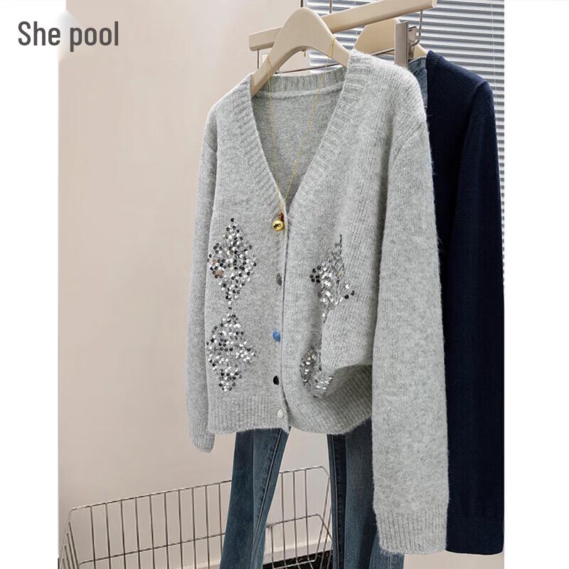 

Women s Loose V-Neck Sequin Long-Sleeve Knit Cardigan L