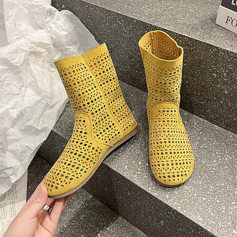 

Ретро-сапоги с полой сеткой, дырчатые туфли, кожаные сапоги популярны в 2025 году, новые летние дышащие и универсальные римские сапоги с плоской подошвой 40 жёлтый