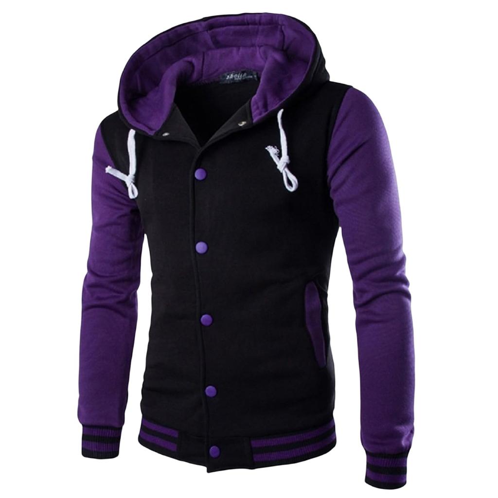 Men's Slim Fit Baseball Jacket Casual Sports Hooded Fleece Lined Button Pullover Sweatshirt With Pocket