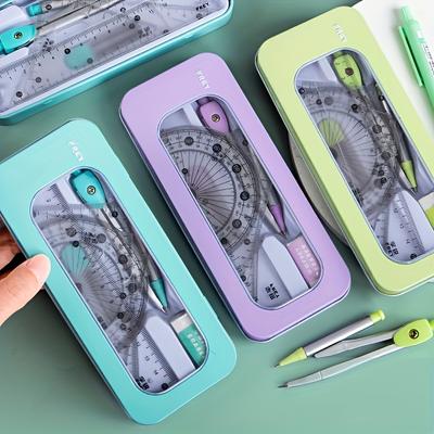 1 Set Robuster 7-in-1 All-in-One Mess- & Zeichenwerkzeug-Satz mit Zirkel, Geodreieck, Lineal, Taschenrechner, Spitzer, Radiergummi, Stift
