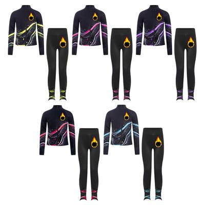 Mädchen Eiskunstlaufkostüm Stehkragen Langarm Bedruckte Jacke mit Leggings für Tanz