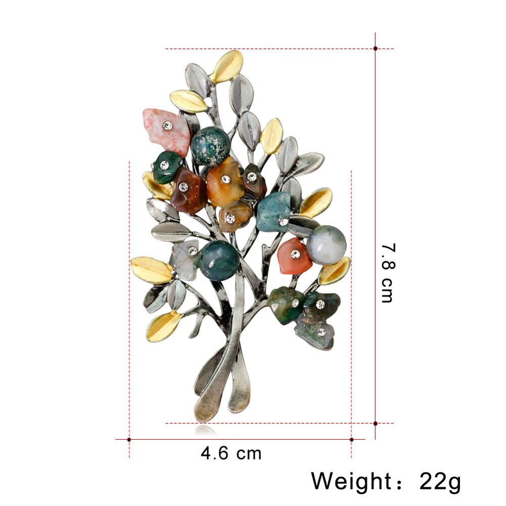 Fashion Creative Tree Shaped Natural Colored Stone Brooch Simple Elegant Alloy Breastpin