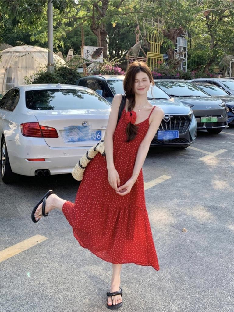Retro Floral Red Suspender Dress Women's Summer New Waist A Word Thin French Temperament Long Dress