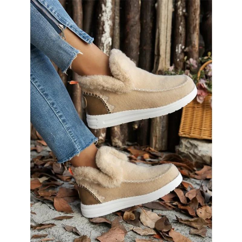Fashion Women's Cotton Shoes Large Size Plus Fleece Thickened Rough Edge Warm Flat Cotton Shoes Women  Autumn and Winter New Snow Boots