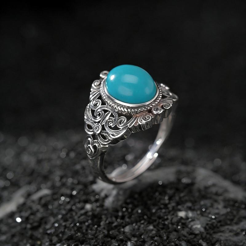 Adjustable Open Ring With Blue Jade Cabochon Vintage Scrollwork Design Men Women