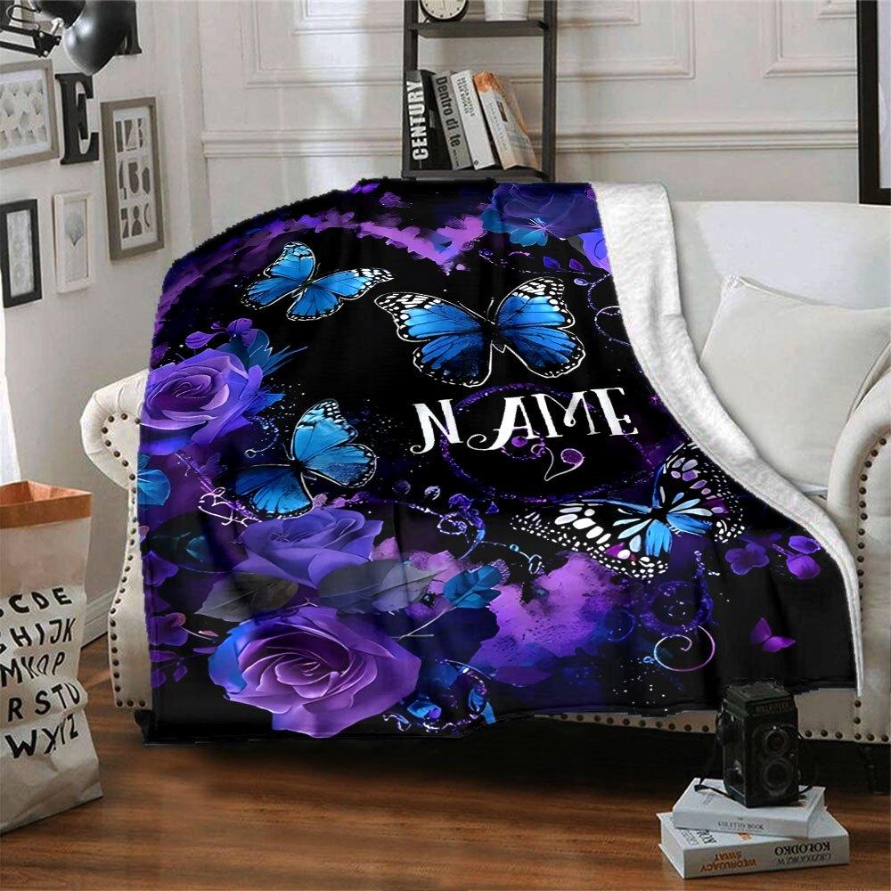 Purple Butterfly And Rose Design Home Customize Your Name Blankets Soft Cozy Lightweight Versatile For All Seasons Perfect For Picnics Sofa Relaxation