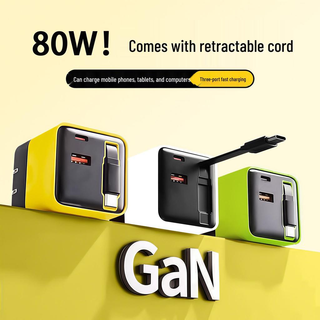 GaN Dual-Port Fast Charger with Foldable Retractable Cable for Apple, Huawei, Xiaomi