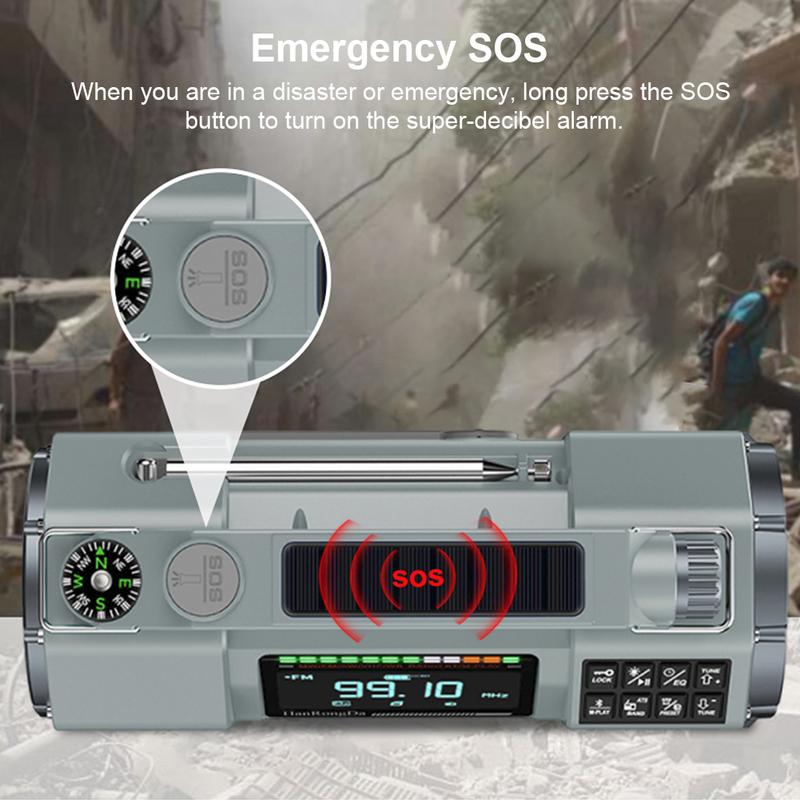 Nouzové rádio FM/MW/SW/VHF/WB Přenosné rádio s alarmem SOS LED svítilnou BT reproduktorem Ruční klika Solární rádio pro přežití