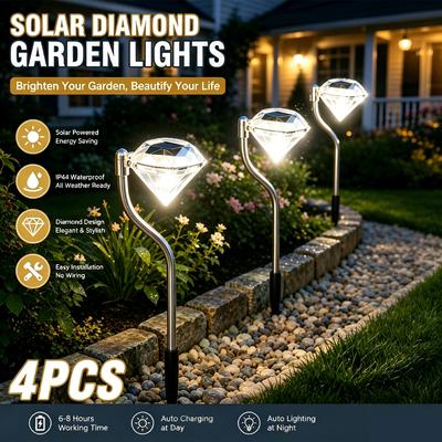Diamond Solar Lawn Lights 4 Pack Cool White LED Outdoor Landscape Lighting Stainless Steel Garden Path Walkway Yard Decor Lights