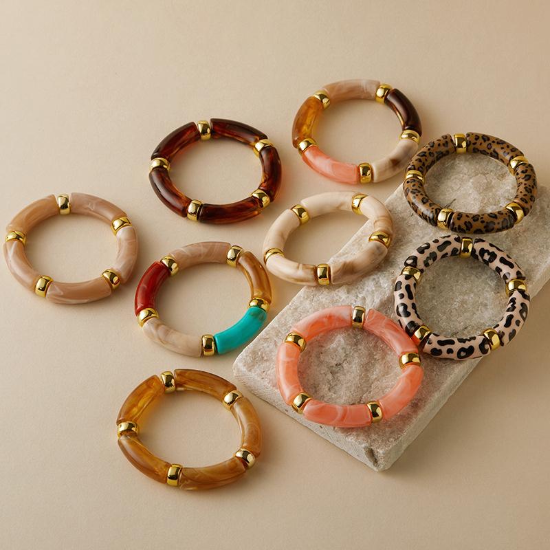Vintage Acrylic Bamboo Beads Bracelet For Women Multi Color Stretchy Resin Girls Charm Couple Bangles Gift Men Jewelry