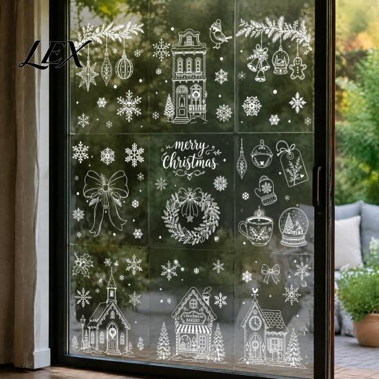 Christmas Party Window Ornaments 9Pcs Clings, Static Glass Stickers, Reusable White Line Hand-Painted Decals Electrostatic Film for Holiday