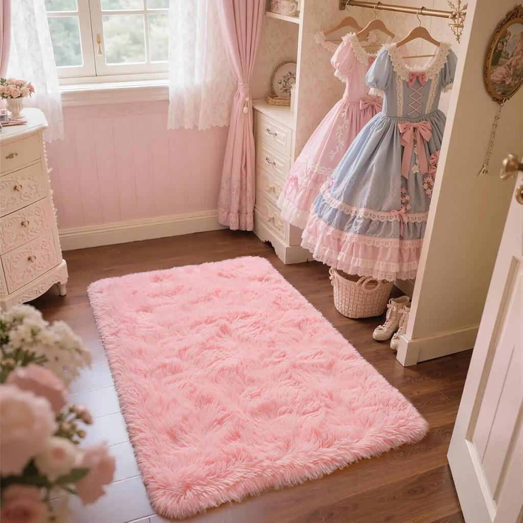 Pink Plush Bedroom Carpet Soft Fluffy Area Rug for Living Room Dorm and Bedside Home Decor Floor Mat