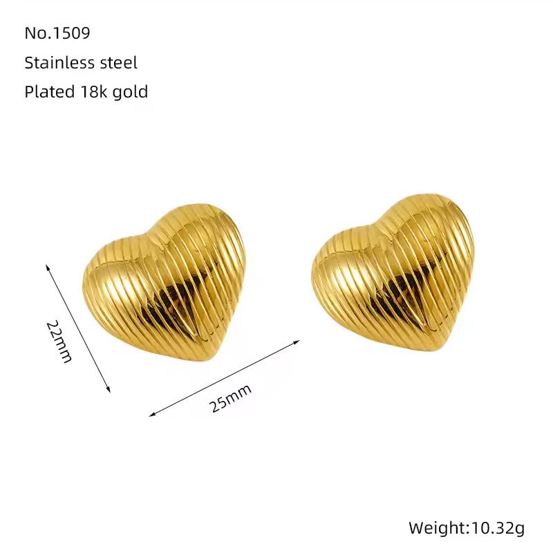 Vintage Fashion Chunky Jewelry 18K Gold Stainless Steel Square Striped Leaf Heart Stud Earrings for Women