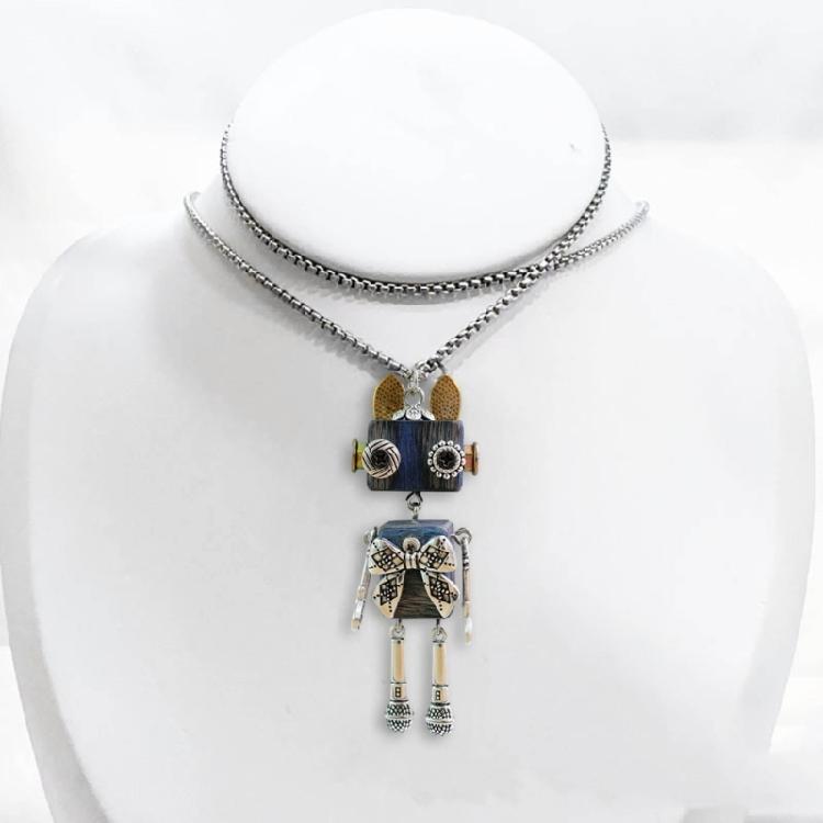 DIY Wooden Robot Pendant Necklace Unisex Clavicle Chain Punk Chokers for Women