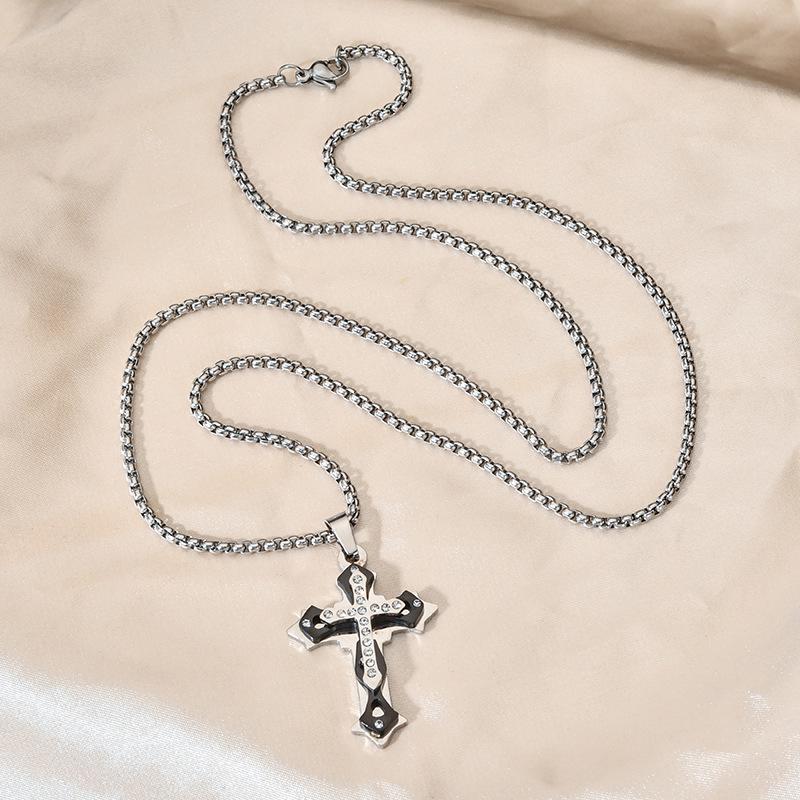 European & American High-End Stainless Steel Street Style Cross Necklace with Trendy Cool Letter Hollow Tag