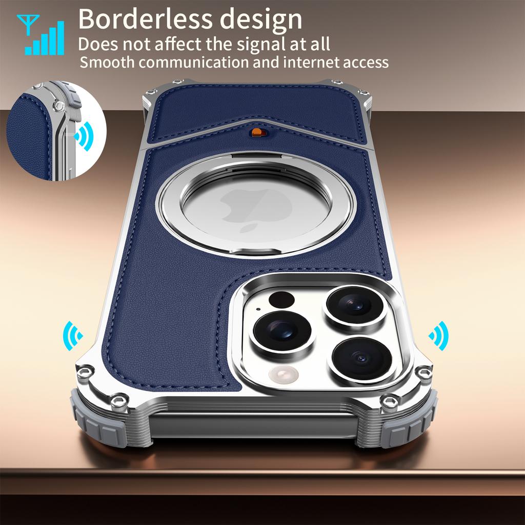 For iPhone 14 Pro Max Case PU Covered Metal Boardless Phone Back Cover with Kickstand