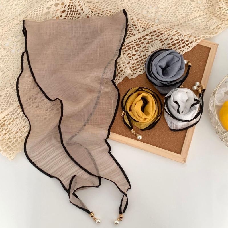 Silk Scarf New Versatile Breathable Fashion Yarn Scarf Scarf Thin Scarf Pearl Pendant Small Shawl Rhombus Silk Scarf Waist