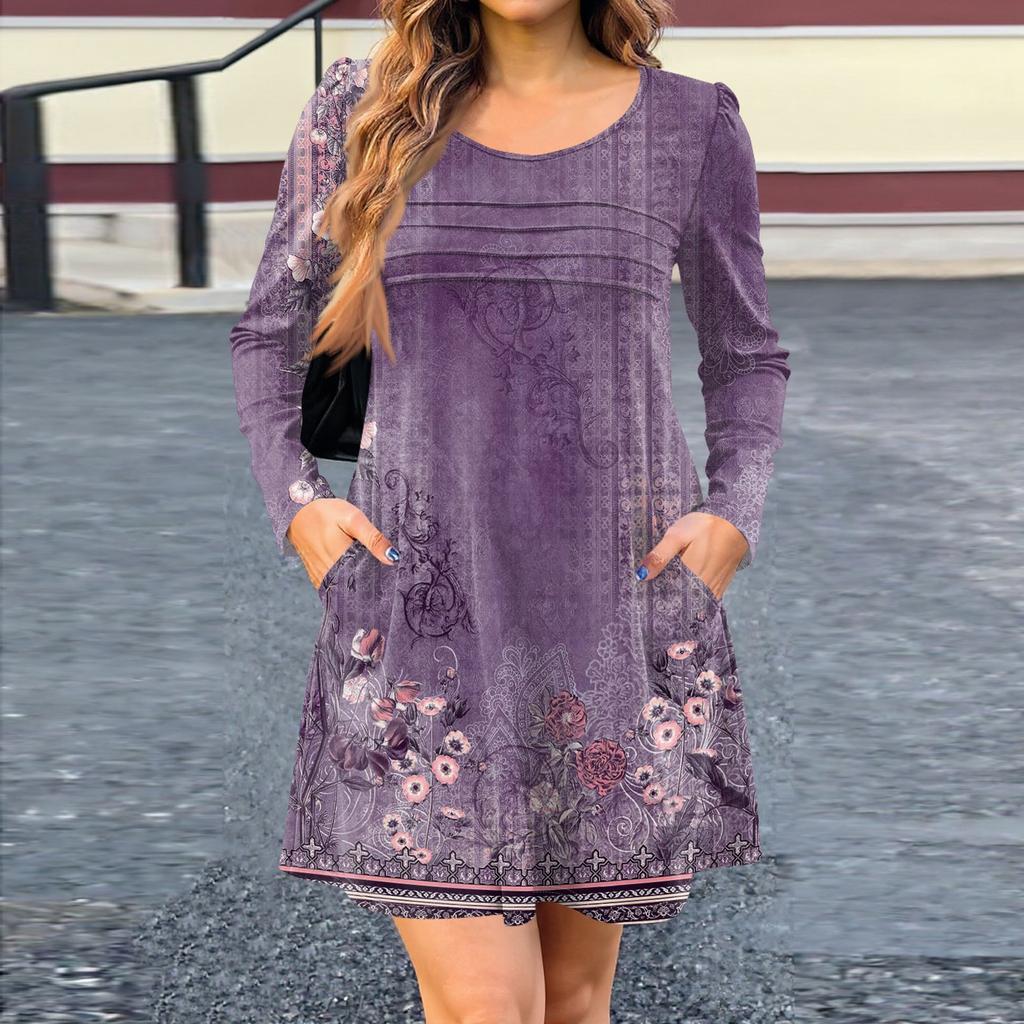 Women's Long Sleeve Dress Fall Casual T Shirt Loose Fit Pleated Front Dresses With Pockets