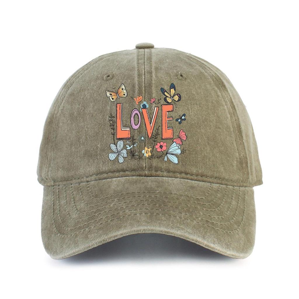 Love Butterflies Flowers Print Baseball Cap Vintage Distressed Polyester Adjustable Casual Outdoor Sun Protection Hat