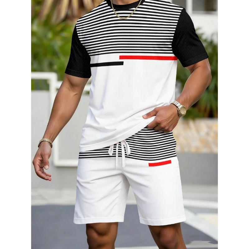 Men's Sports Short Sleeve Top Shorts Set Plus Size Breathable Basketball Sports Clothing Stripe Print T-shirt Shorts 2-piece Set