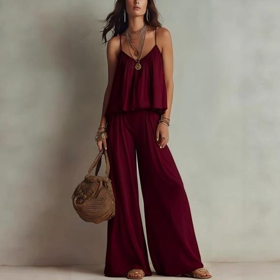 Summer 2 Piece Sets for Women, Spaghetti Strap Tank Top And Wide Leg Pants Lounge Set, Beach Vacation Travel Outfits