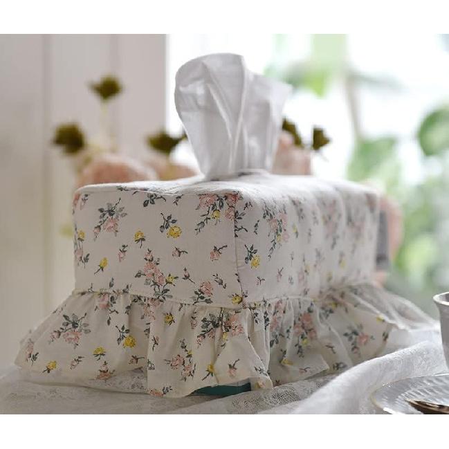 Rose Flower Home Living Rectangle Premium Cotton Tissue Box Cover with Lace, Well-Stitched House Decoration Refill Holder, Facial Paper Dispenser for