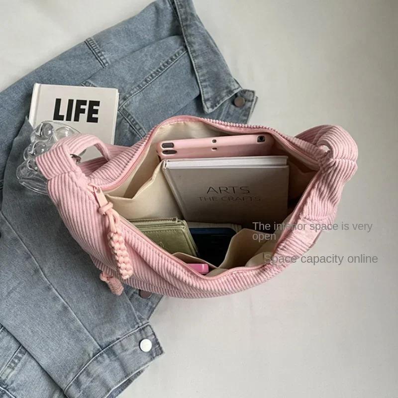 Women Casual Corduroy Shoulder Bag Japan Style Versatile Crossbody Bag Large Capacity Classes Solid Color Hobo Commuter Bag