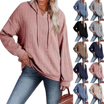 Moletom Feminino Casual Solto de Cor Sólida com Capuz e Bolso de Manga Comprida