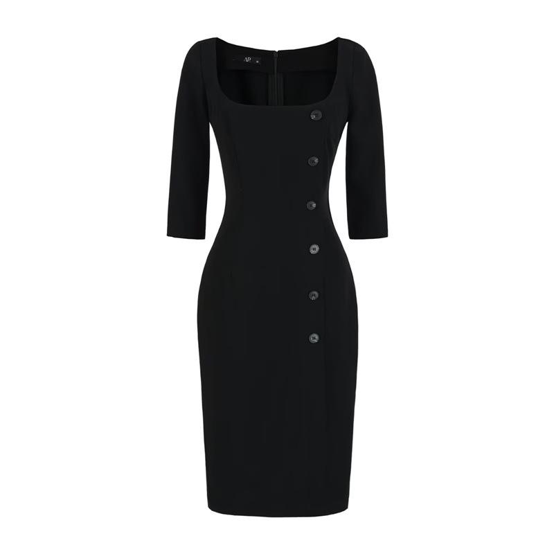 Women's Gray Seven-Sleeve Waist-Cinched Elegant Square Neck Slim Fit Retro Dress for Spring/Summer