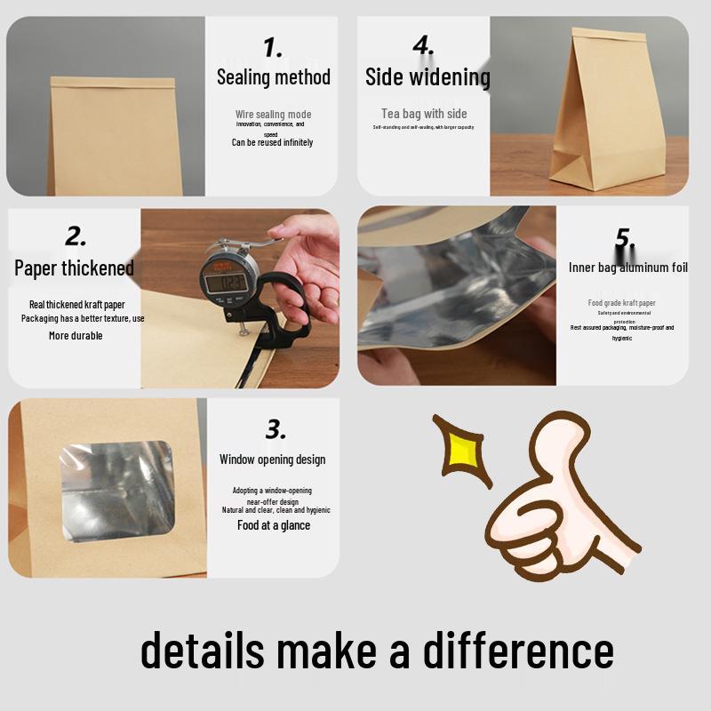 Custom Kraft Paper Tea Bag with Transparent Window and Self-Sealing Aluminum Foil Wire Seal