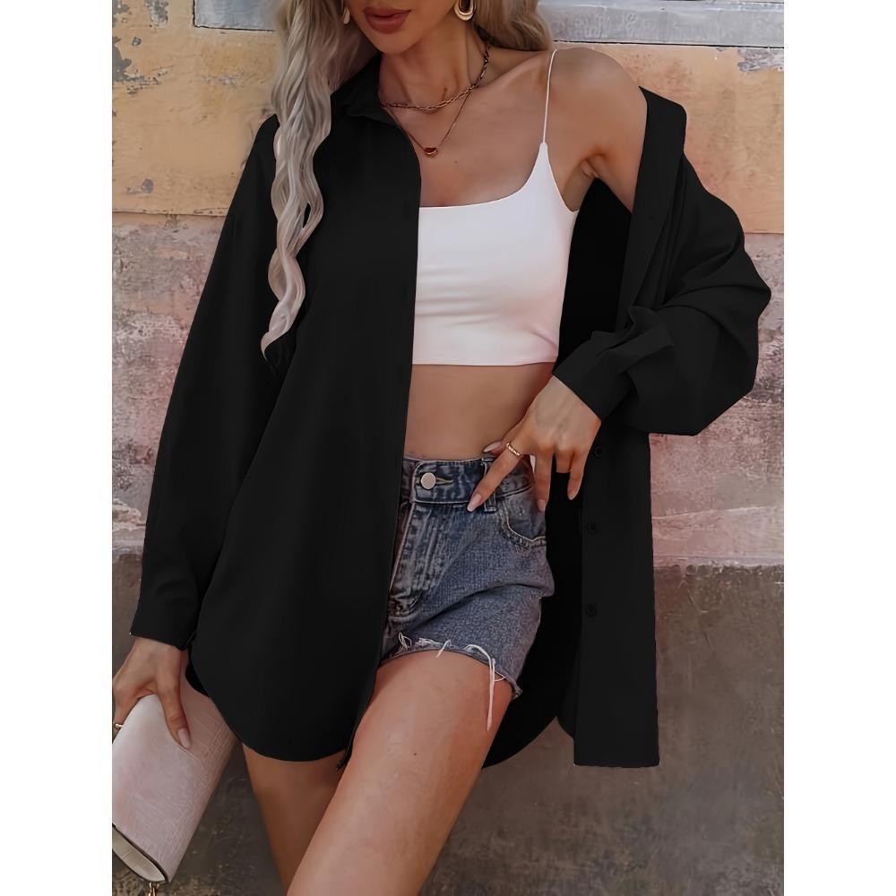 Women'S Elegant Long Sleeve Button-Up Shirt - Solid Color, Relaxed Fit, Knee-Length, Spring/Summer Casual Wear,Comfortable Wear |