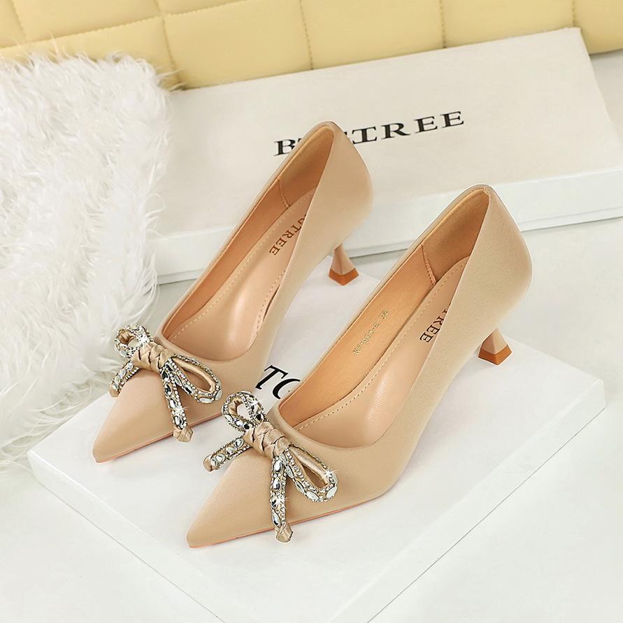 Water Diamond Bow Pointed, Thin Heel, Silk Heel, Single Shoe, Wine Glass Heel, Women's Single Shoe