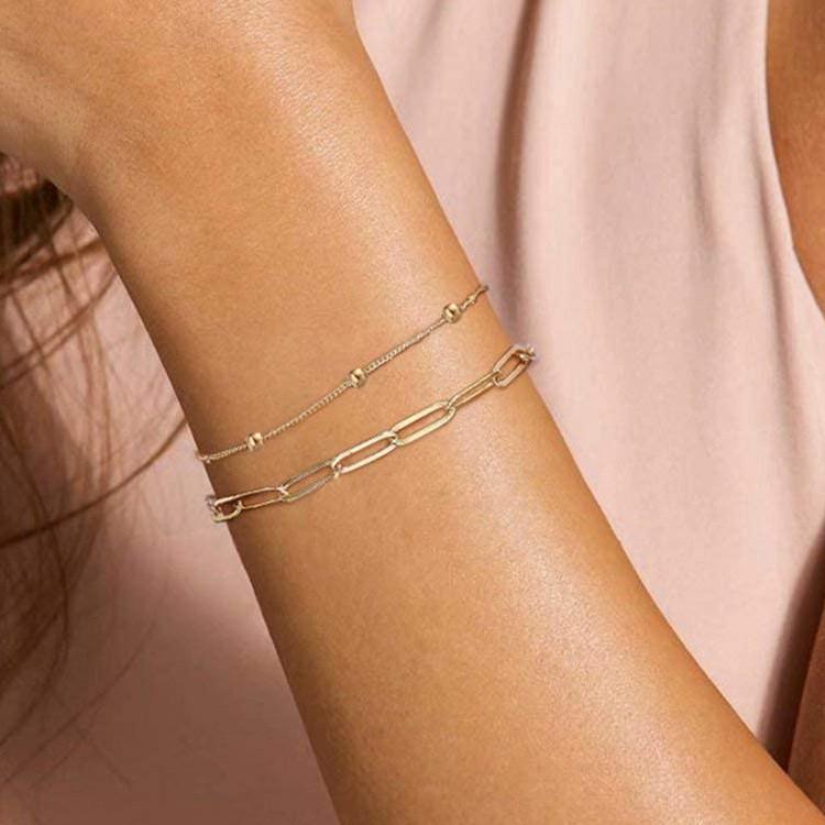 Minimalist Stainless Steel Paperclip and Bead Chain Bracelet Set