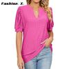 Europe and The United States 2024 Summer Casual V-neck Solid Color Hollow Bubble Sleeve Loose T-shirt Blouse Female