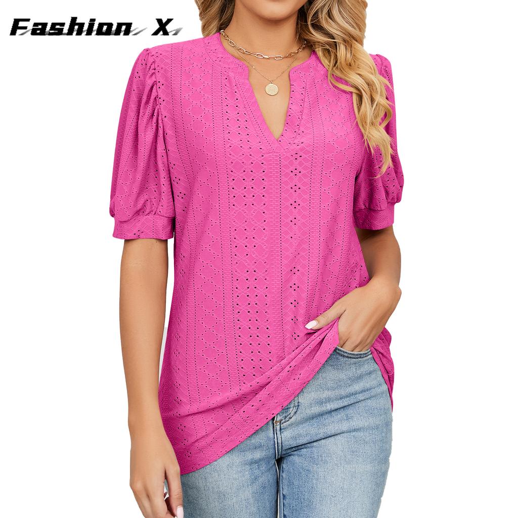 Europe and The United States 2024 Summer Casual V-neck Solid Color Hollow Bubble Sleeve Loose T-shirt Blouse Female
