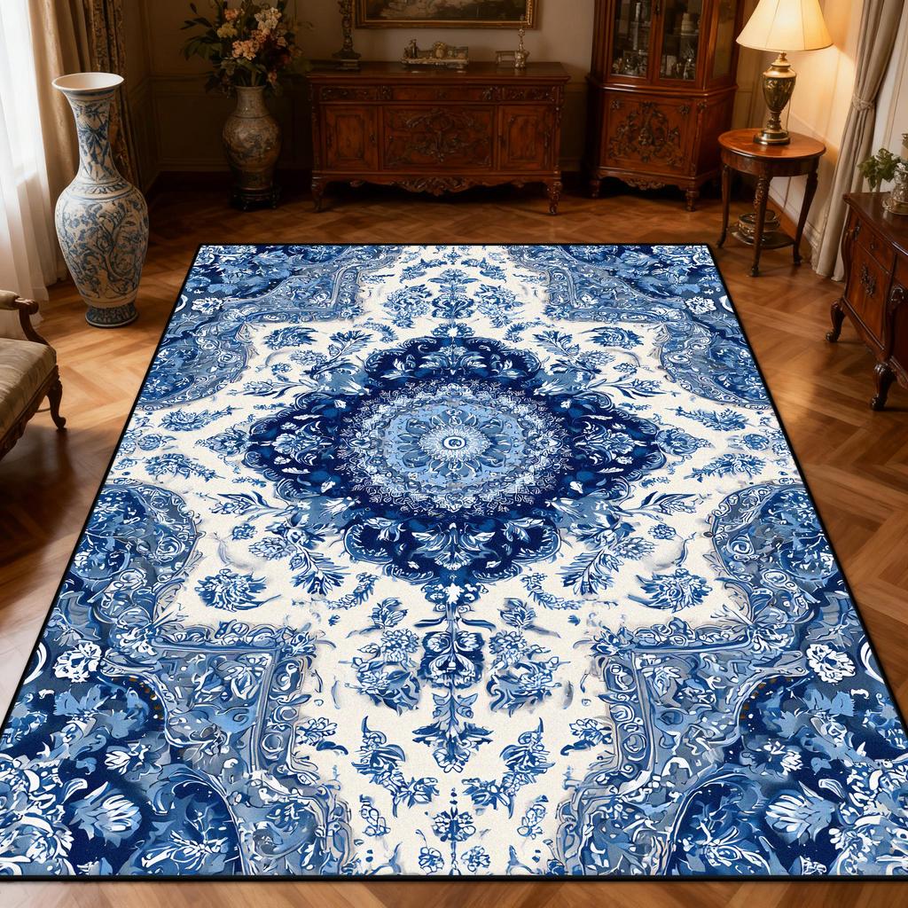 New Classical Carpet Decoration Bedroom Bedside Washable Short Velvet Rug Outdoor Balcony Foldable Soft Floor Mat Blue White