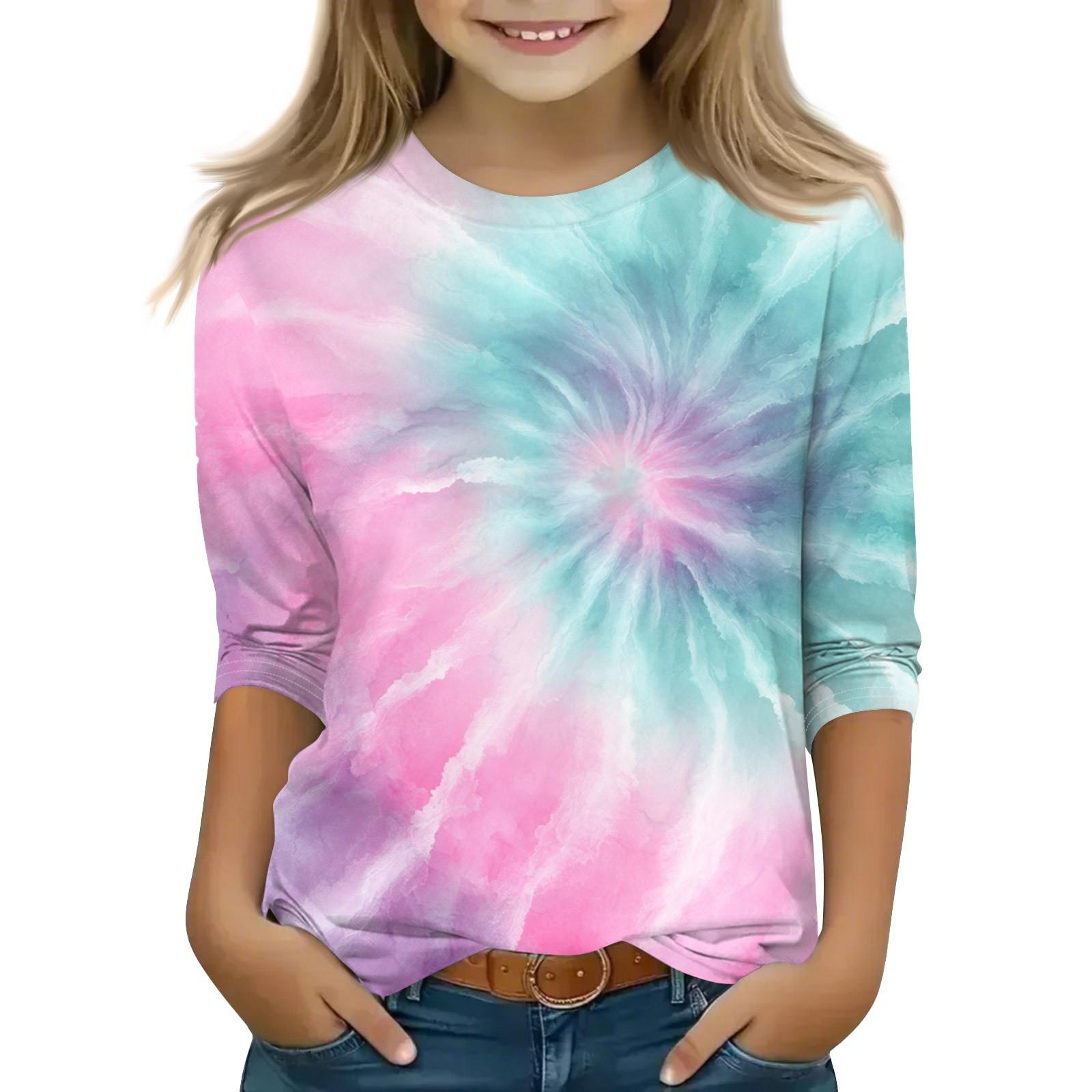 

Print Tops For Youth Girls 5-16 Years Round Neck 3/4 Sleeves T-Shirts Trendy Tops Outfit Tees 130 рожевий