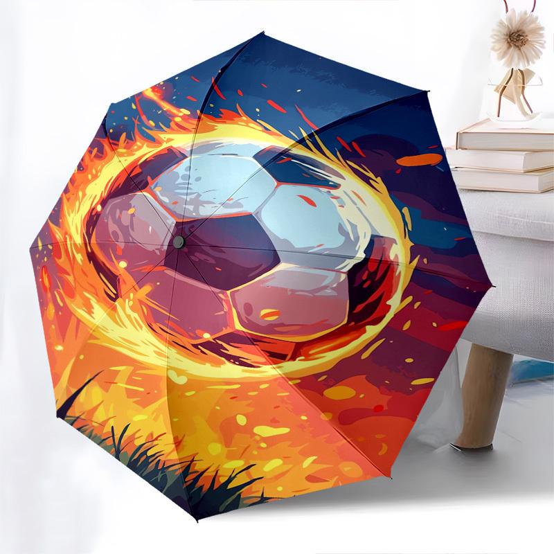 Soccer Ball, Flame Effect- Automatic Umbrella, Four Seasons Portable Folding Umbrella, Suitable for Men and Women, Travel, Daily Compact Umb