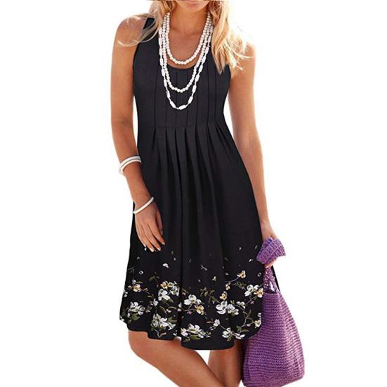 Lady Summer Dress Sleeveless Pleated Floral Print Round Neck Sleeveless A-line Big Hem Casual Daily Wear