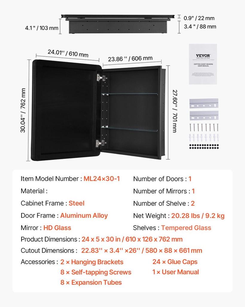 Medizinschrank 24" x 30" Spiegelschrank Verstellbare Regale