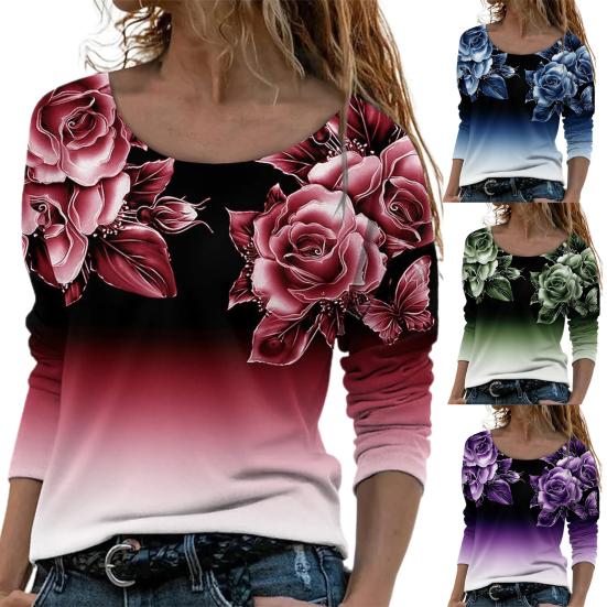 Women Blouse Plant Print Shrink Resistant Round Neck Vibrant Rose Spring Blouse for School