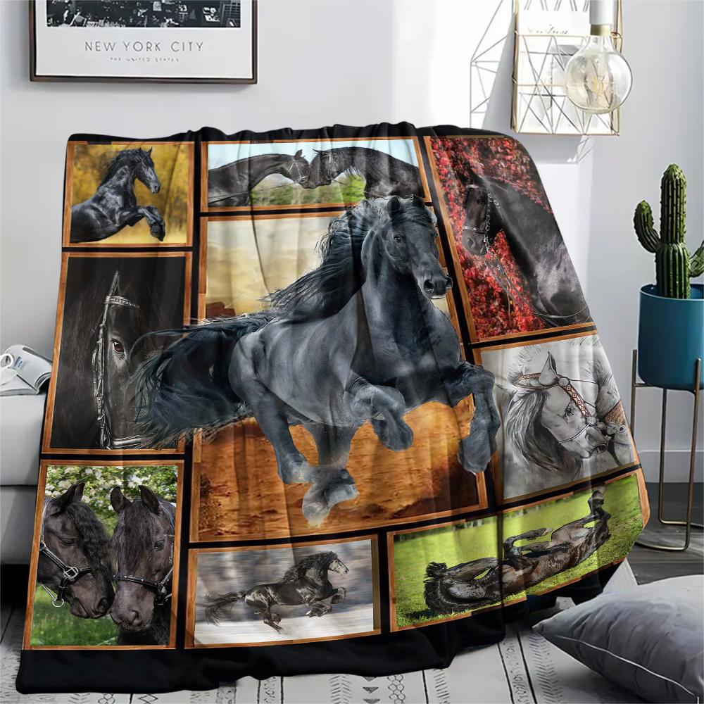 1Pc Horse Puzzle Print Flannel Blanket, High quality Comfortable for All Seasons, Home Decor, Warmth and Comfort, Perfect for Christmas Gifts