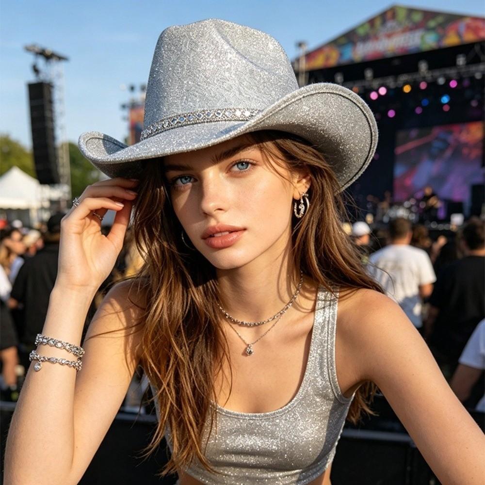 Wide Curved Brim Glitter Cowboy Hat Sparkling Glitter Fabric Western Cowboy Hat Costume Accessory