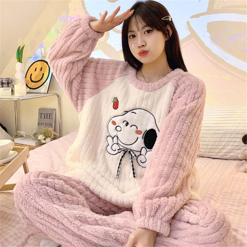 Pijamale noi de toamnă și iarnă, plușate, cu guler rotund, pentru femei, îngroșate, călduroase, drăguțe, din flanel cu desene animate, set de haine de casă