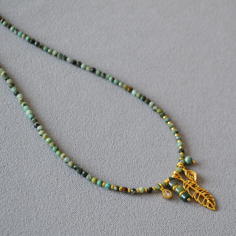 Autumn/Winter French Retro Turquoise Beaded Leaf Necklace