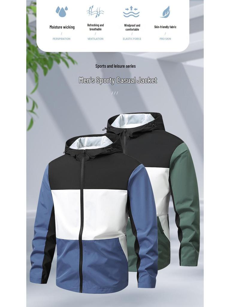 Men's European Size Hooded Jacket - Spring/Autumn, Casual, Breathable, Color Block Fashion, Trendy.