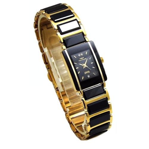 

TECHNOS Женские элегантные керамические часы с черным циферблатом и золотистым комбинированным браслетом в виде сердец (TSL906GB-КОМПЛЕКТ)