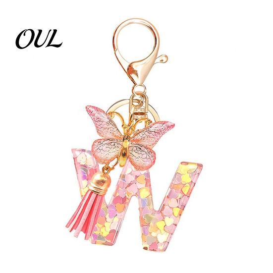 Kompaktes Schlüsselanhänger-Anhänger in Rosa-Serie, Pailletten Herz Initialen-Buchstaben-Anhänger Schlüsselkette mit tragbarem Schmetterlings-Quasten-Design, A-Z Halter für Tasche