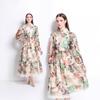 Real Shot Literary Style Lace-up Waist Lapel Long Dress Retro Printing Design Long Dress